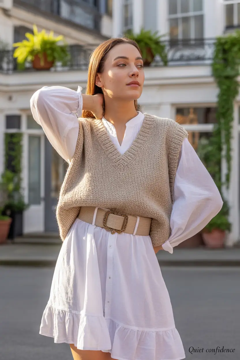 fall outfits for school Classic Shirt Dress with Sweater Vest Layers