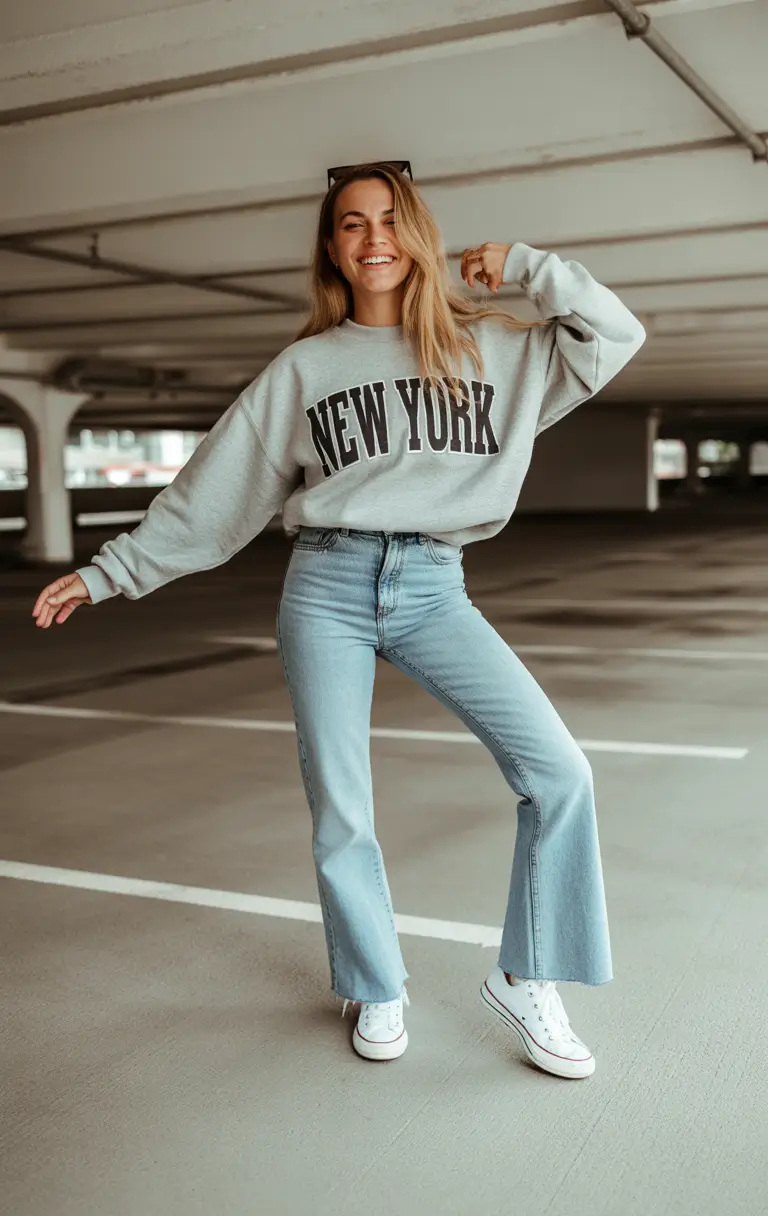 fall outfits for school Graphic Crew + Retro Denim Energy