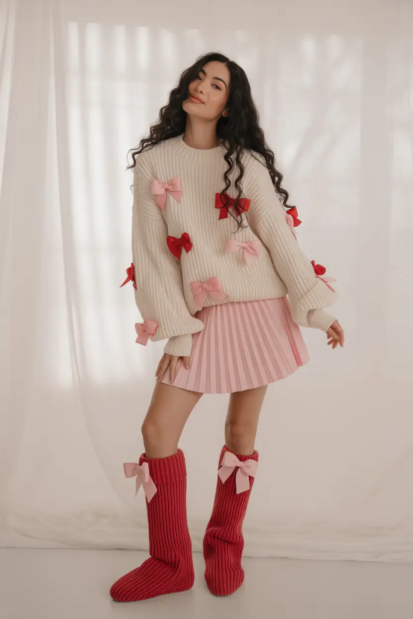 fall sweater outfits Playful in Pink and Pleats