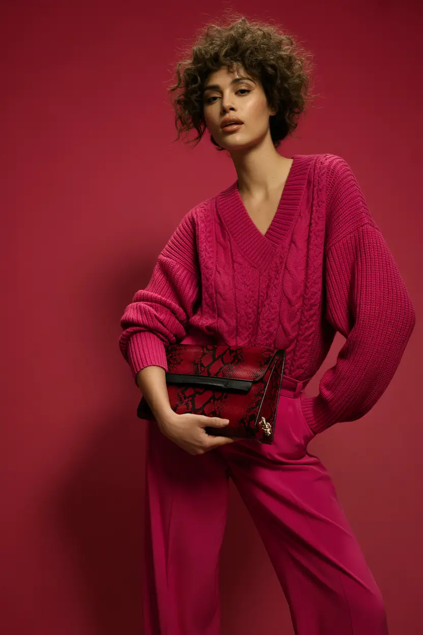 fall sweater outfits Monochrome Drama in Fuchsia Cable Knit