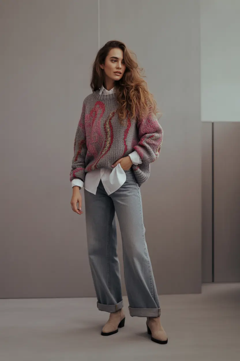 fall sweater outfits Layered Nostalgia in Pink-Grey Waves