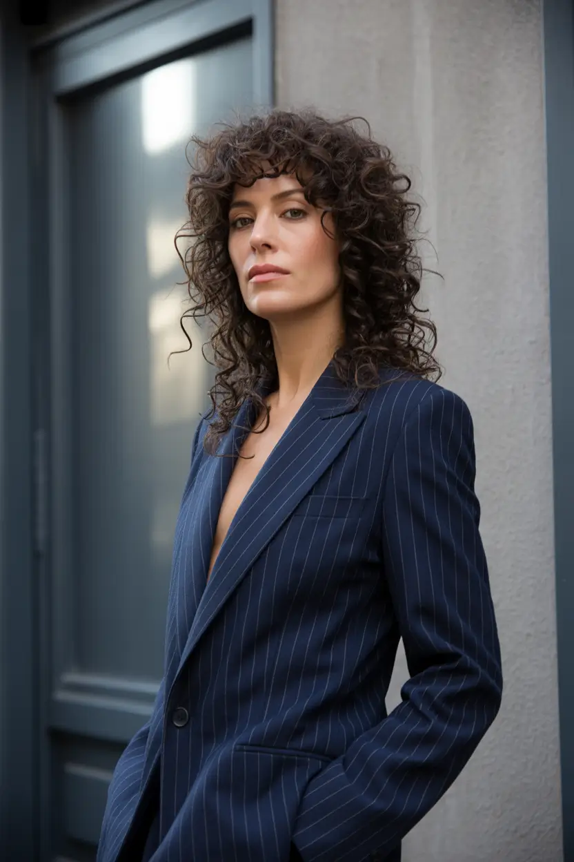Fall haircuts for women over 40 Curly Shag Revival in a Pinstripe Suit
