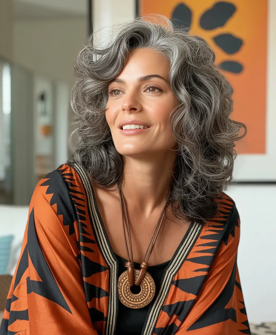 Fall haircuts for women over 40 Silver Curls with Dimensional Movement