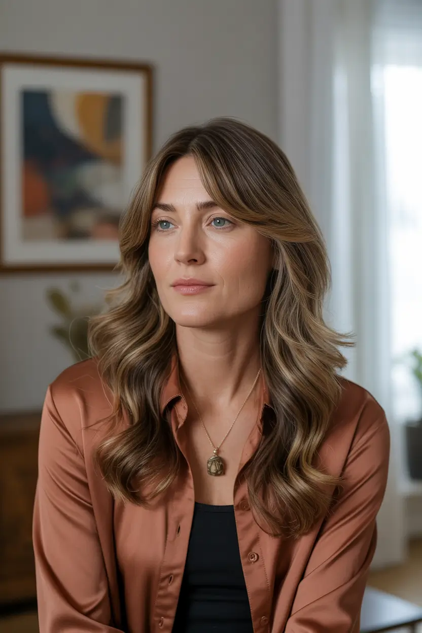 Fall haircuts for women over 40 Soft Middle Part with Earthy Waves