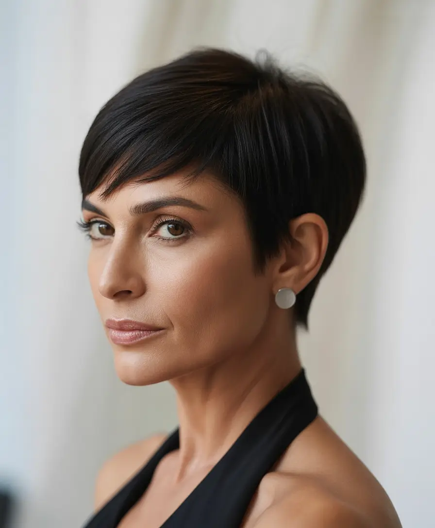 Fall haircuts for women over 40 Glossy Pixie with Chic Asymmetry