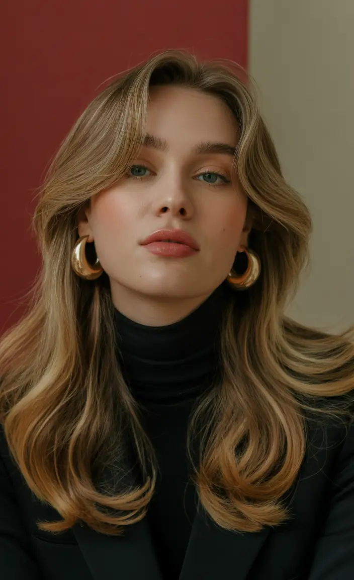 medium length fall haircuts+Soft Curtain Waves With Caramel Brightening