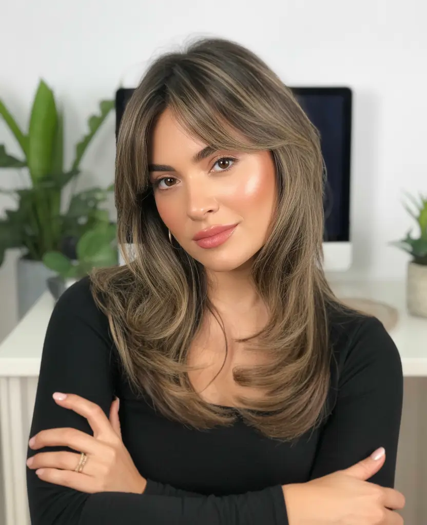 medium length fall haircuts+Polished Layers With Face-Framing Bangs