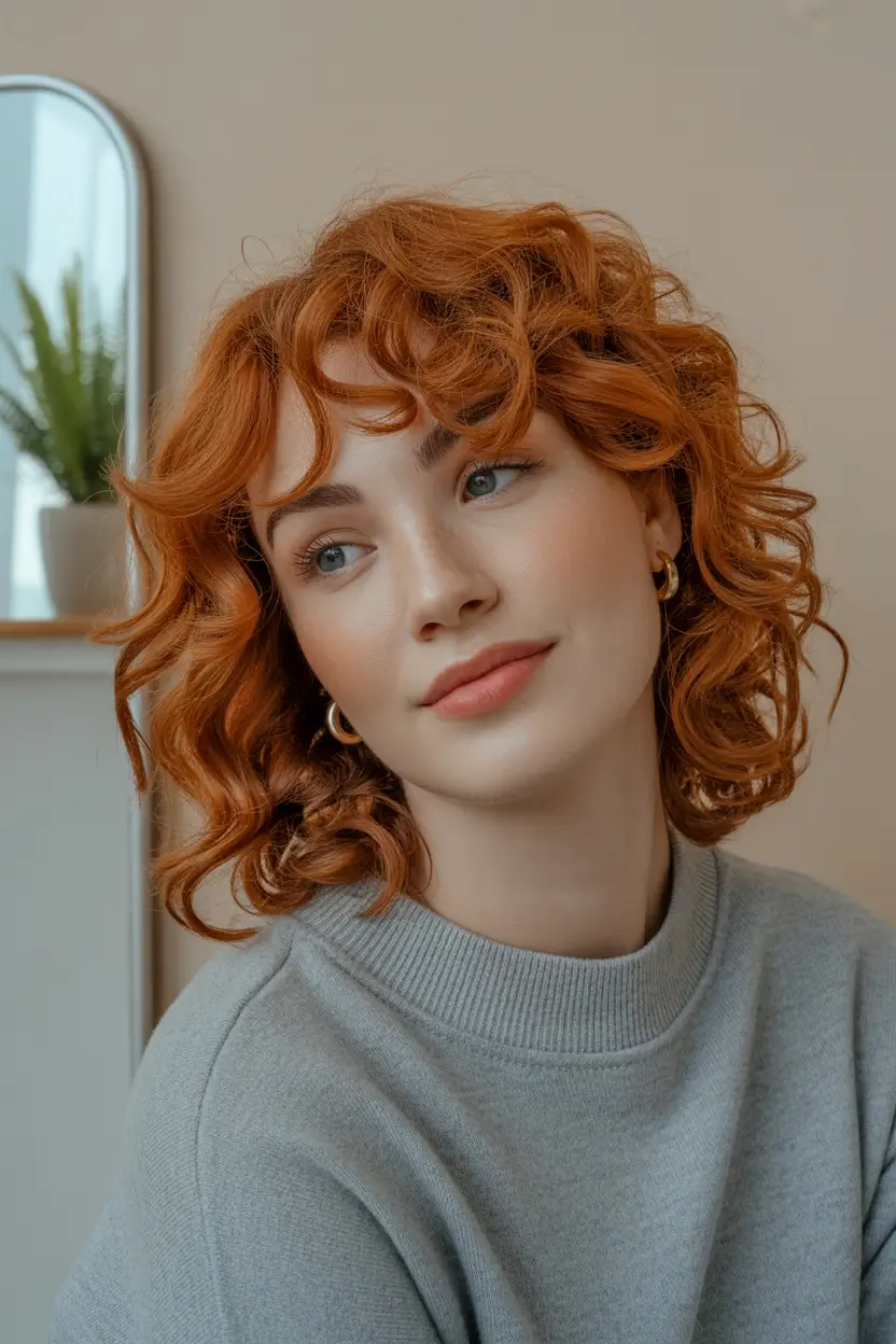 medium length fall haircuts+Fiery Mid-Length Curls With Soft Fringe