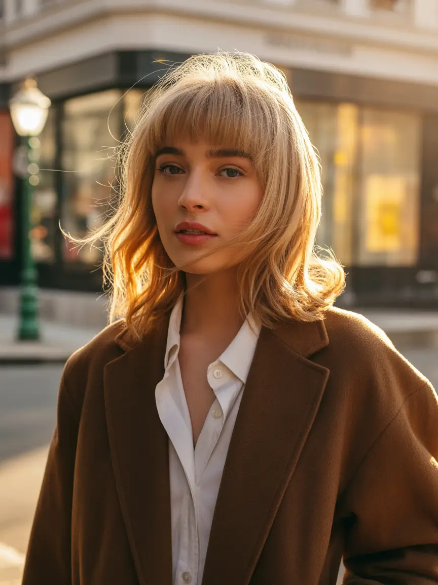 medium length fall haircuts+Blunt Bangs Meet Light Volume in a Chic City Cut
