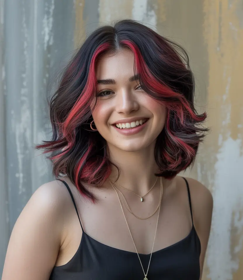 Fun fall hair colors Bold Crimson Stripes on Soft Curls
