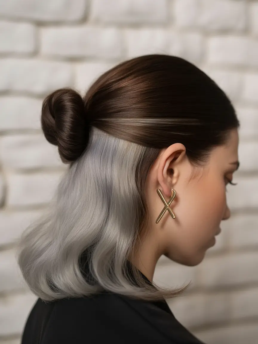 Fun fall hair colors Smoky Silver Peekaboo with Sleek Elegance