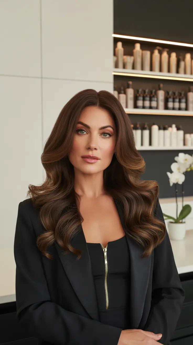 Fall hair color for women over 40 Glossy Brunette Layers with Fall Luxe Energy