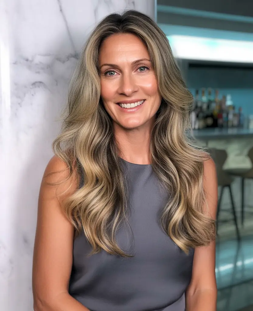 Fall hair color for women over 40 Cool Sandy Balayage with Natural Glow