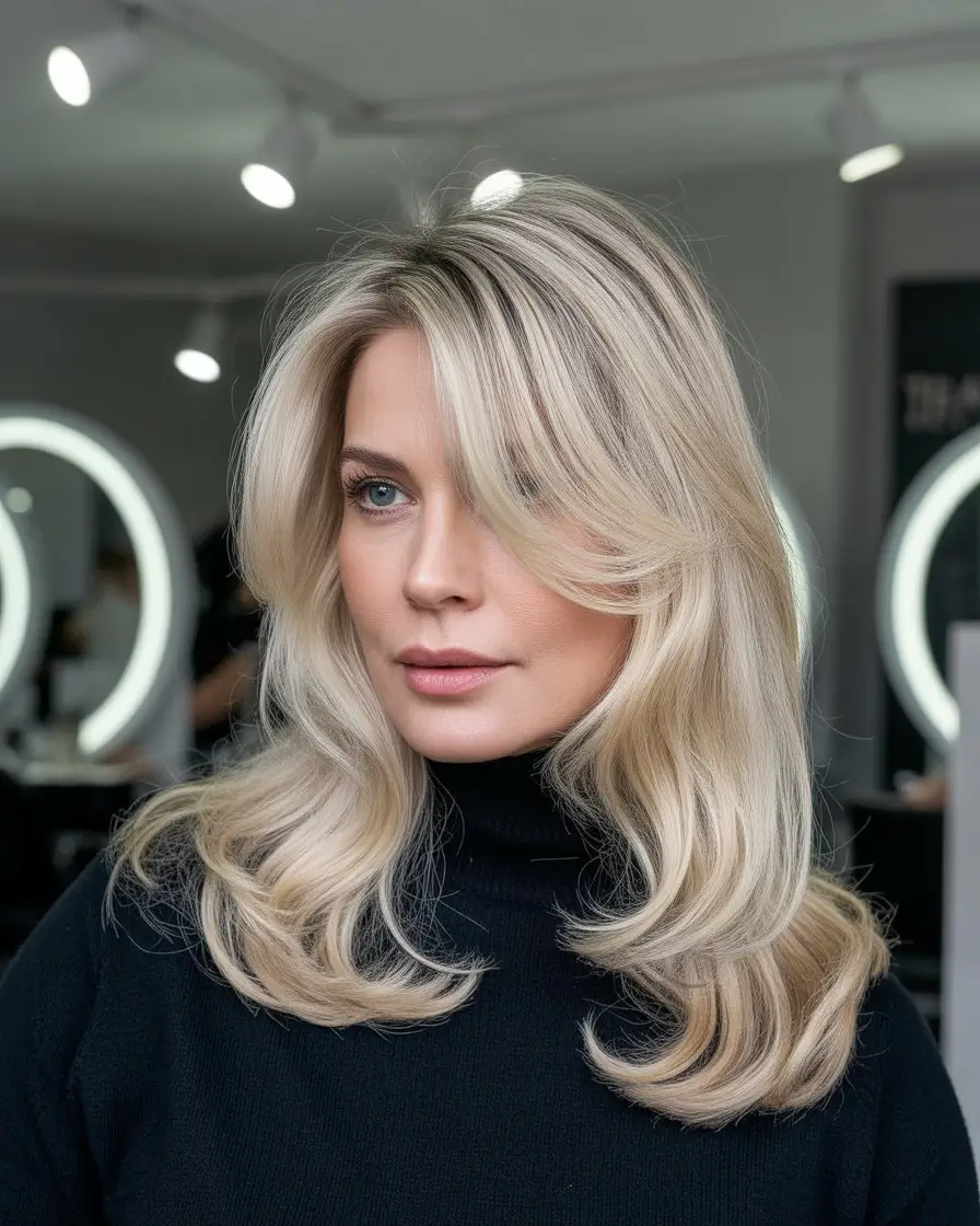 Fall hair color for women over 40 Platinum Pearl Layers with Curtain Bangs