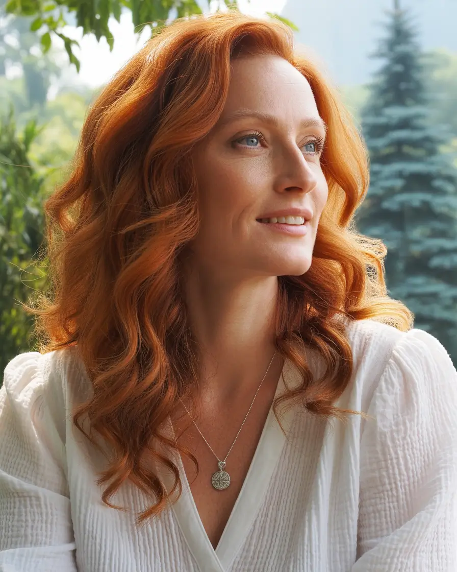 Fall hair color for women over 40 Cinnamon Red with Autumn Light