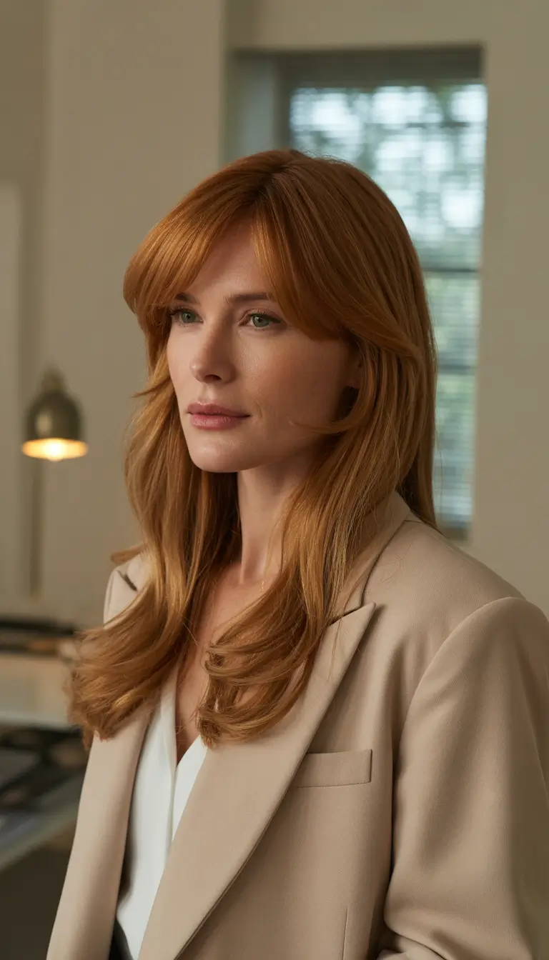 Fall hair color for women over 40 Golden Copper with Soft Layers