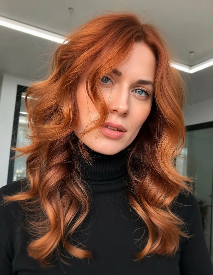 Fall hair color for women over 40+Spiced Copper Waves That Catch the Light