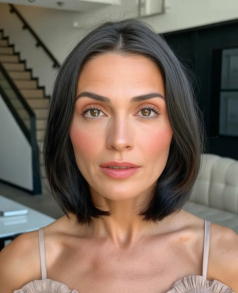 Fall hair color for women over 40+Glossy Espresso Bob With Chic Modernity