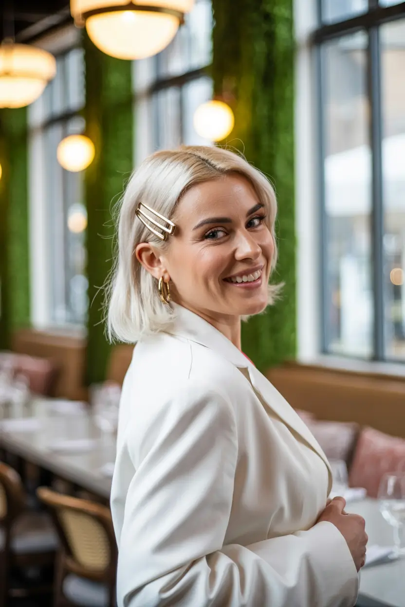 Fall hair color for women over 40+Silvery Champagne Chic With a Twist