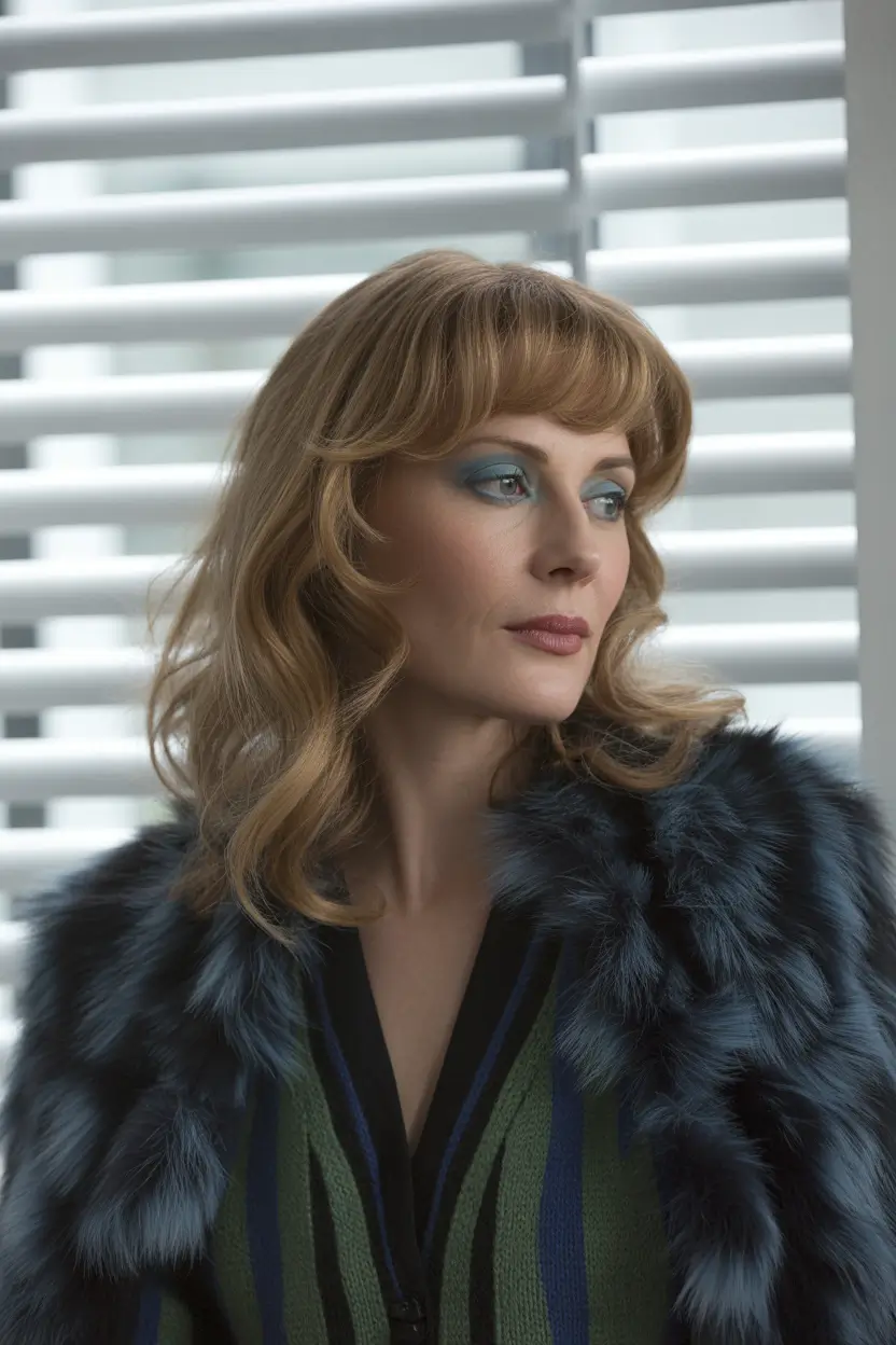 Fall hair color for women over 40+Toffee Honey Layers With Retro Bangs