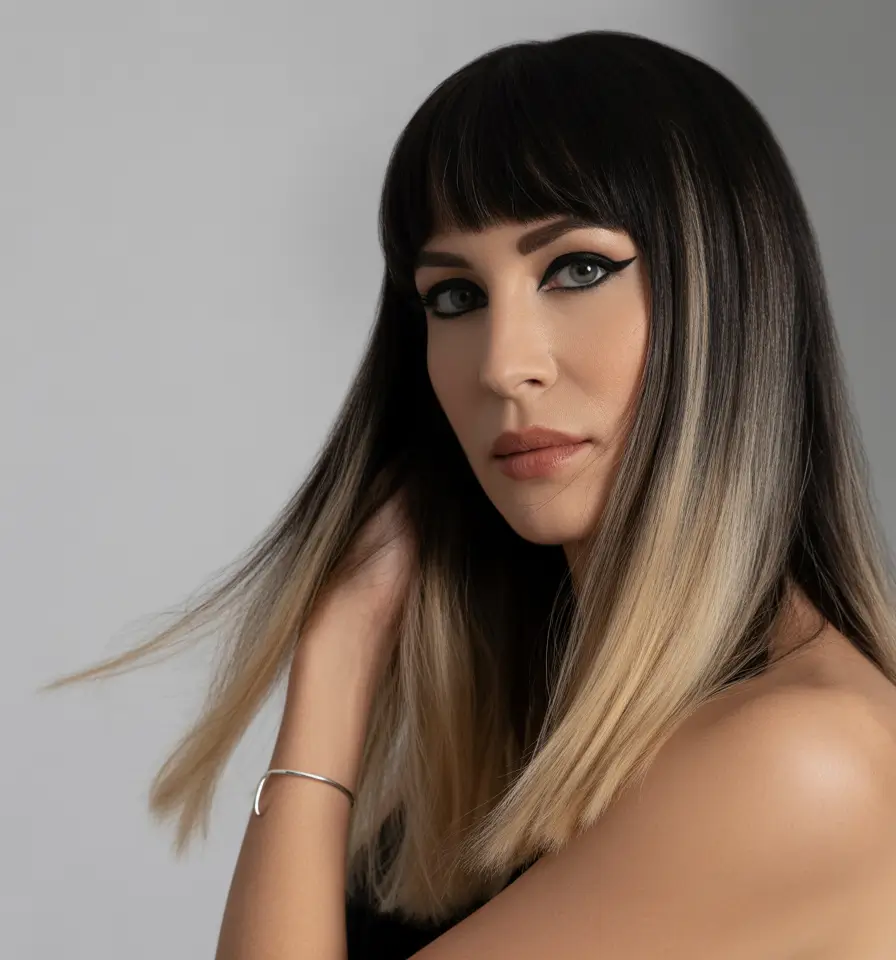 Fall hair color for women over 40 Blunt Ombre with a Fringe Twist