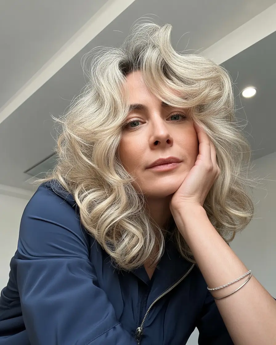 Fall hair color for women over 40 Silver Champagne Waves with Face-Framing Volume