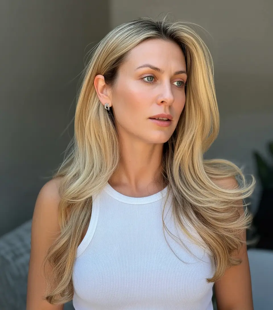Fall hair color for women over 40 Sun-Kissed Butter Blonde with Breezy Layers