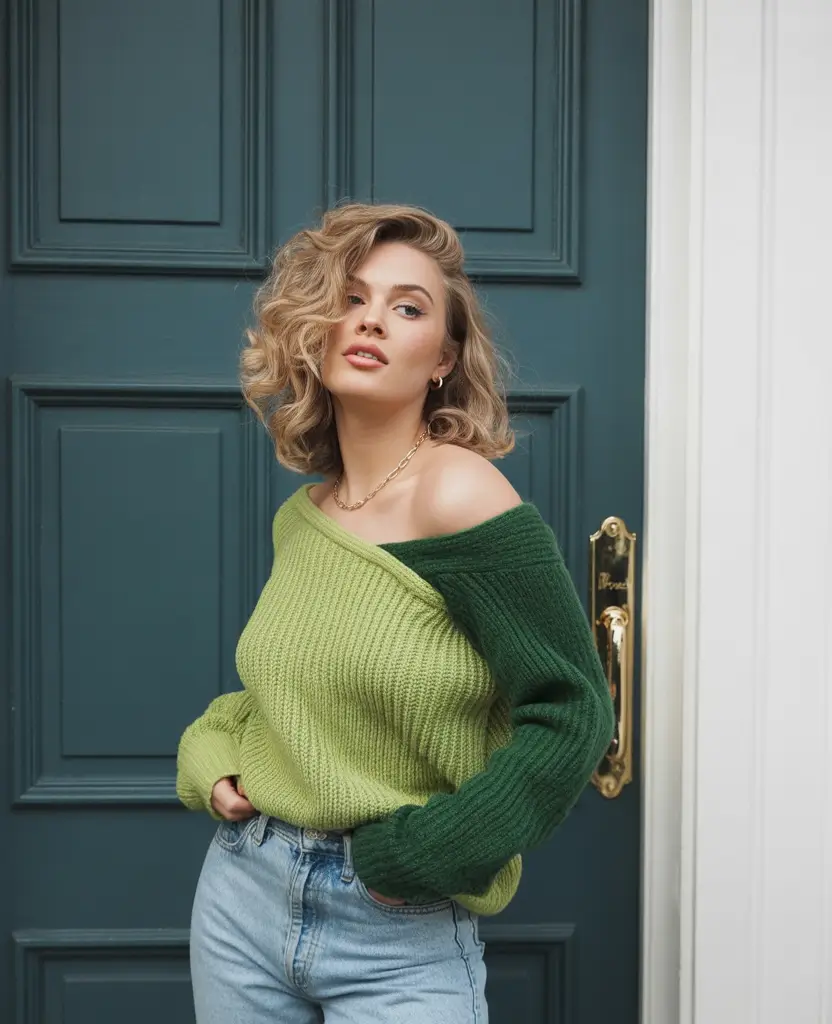 midsize fall outfits Two-Tone Green & Off-the-Shoulder Vibes