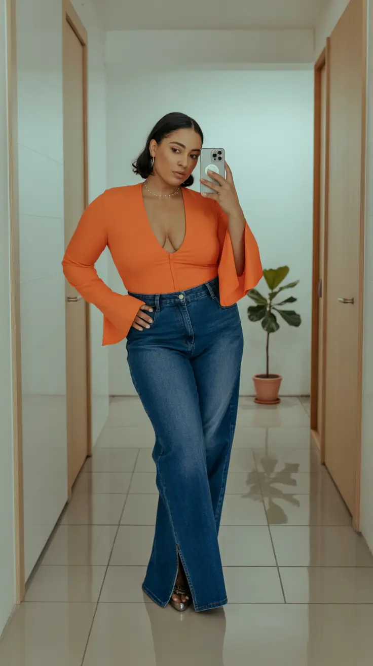 midsize fall outfits Orange Plunge & Dark Denim: Retro with a Twist