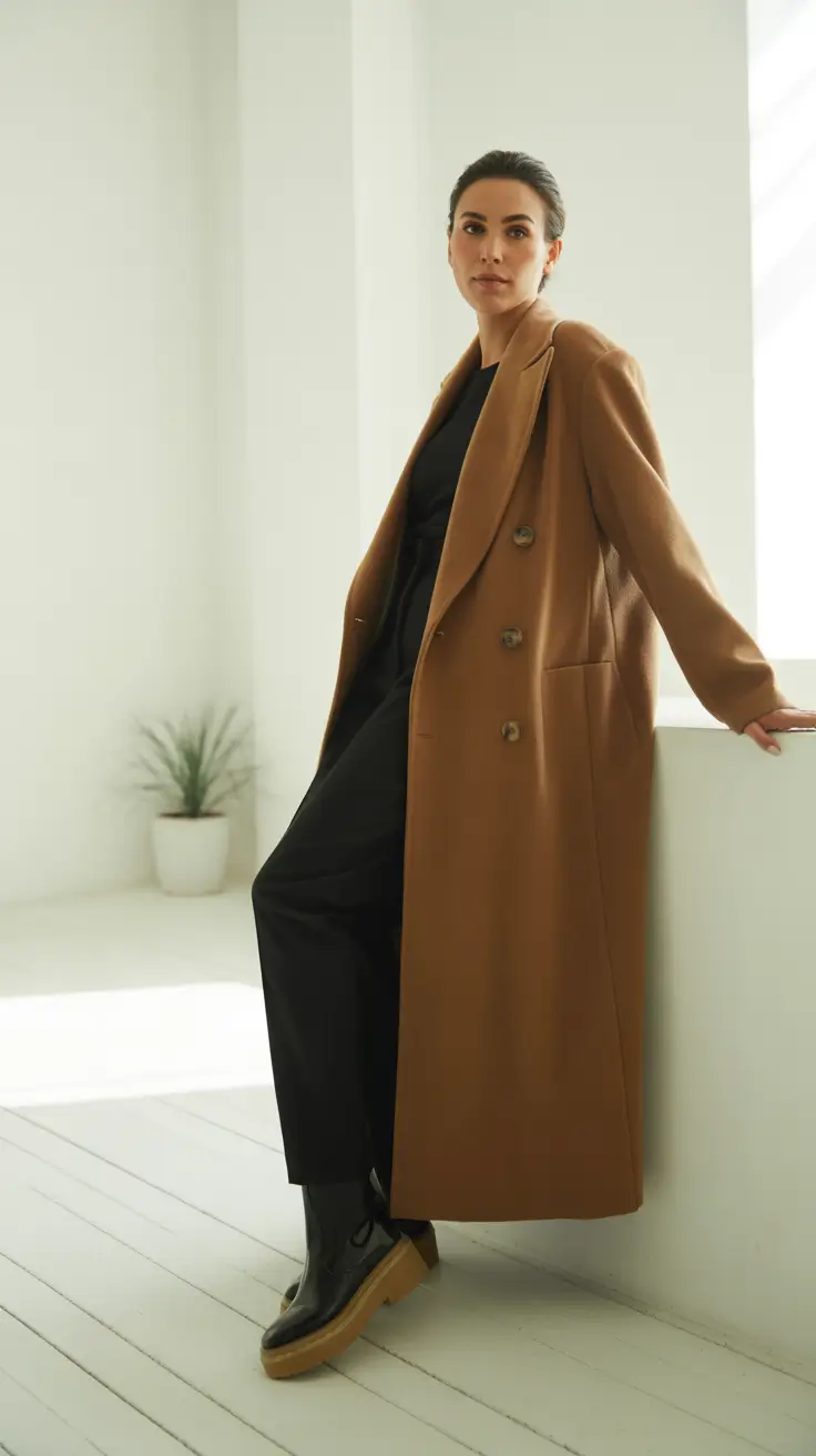 midsize fall outfits Camel Coat and Black Basics: Minimal, But Make It Chic