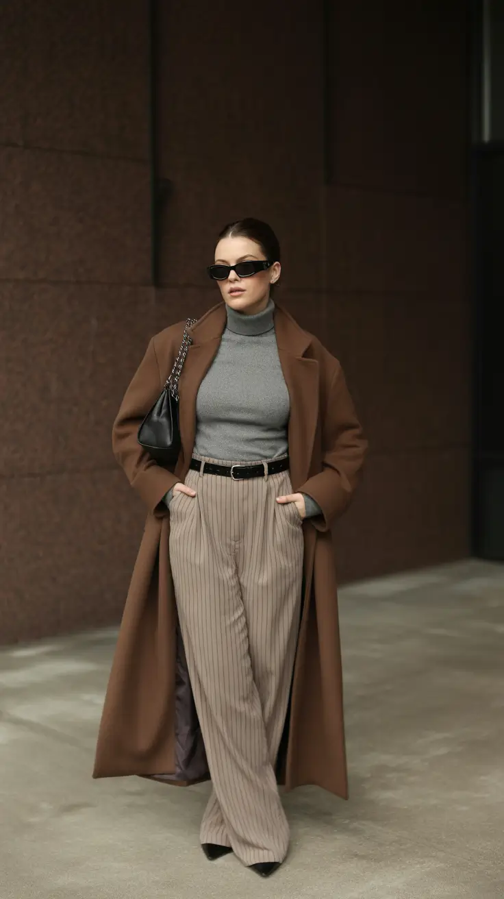 midsize fall outfits Pinstripes & Wool: Cozy Office Core Done Right