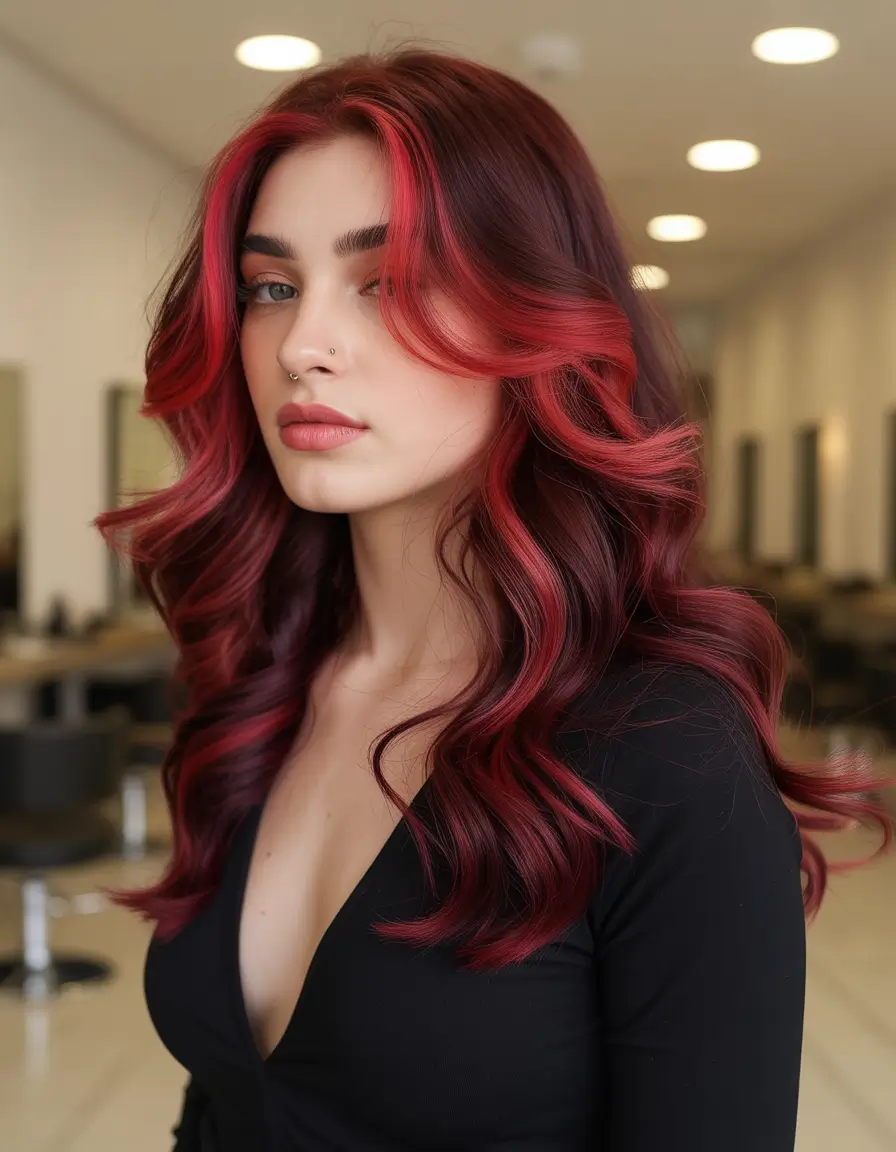 Fall red hair color Red Velvet with Bold Money Piece Accents