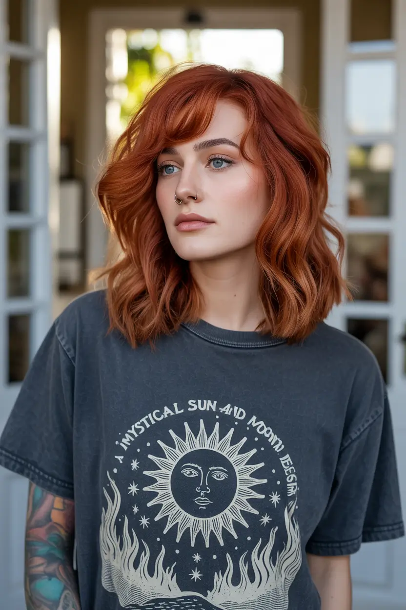 Fall red hair color Modern Burnt Copper Bob with Fringe