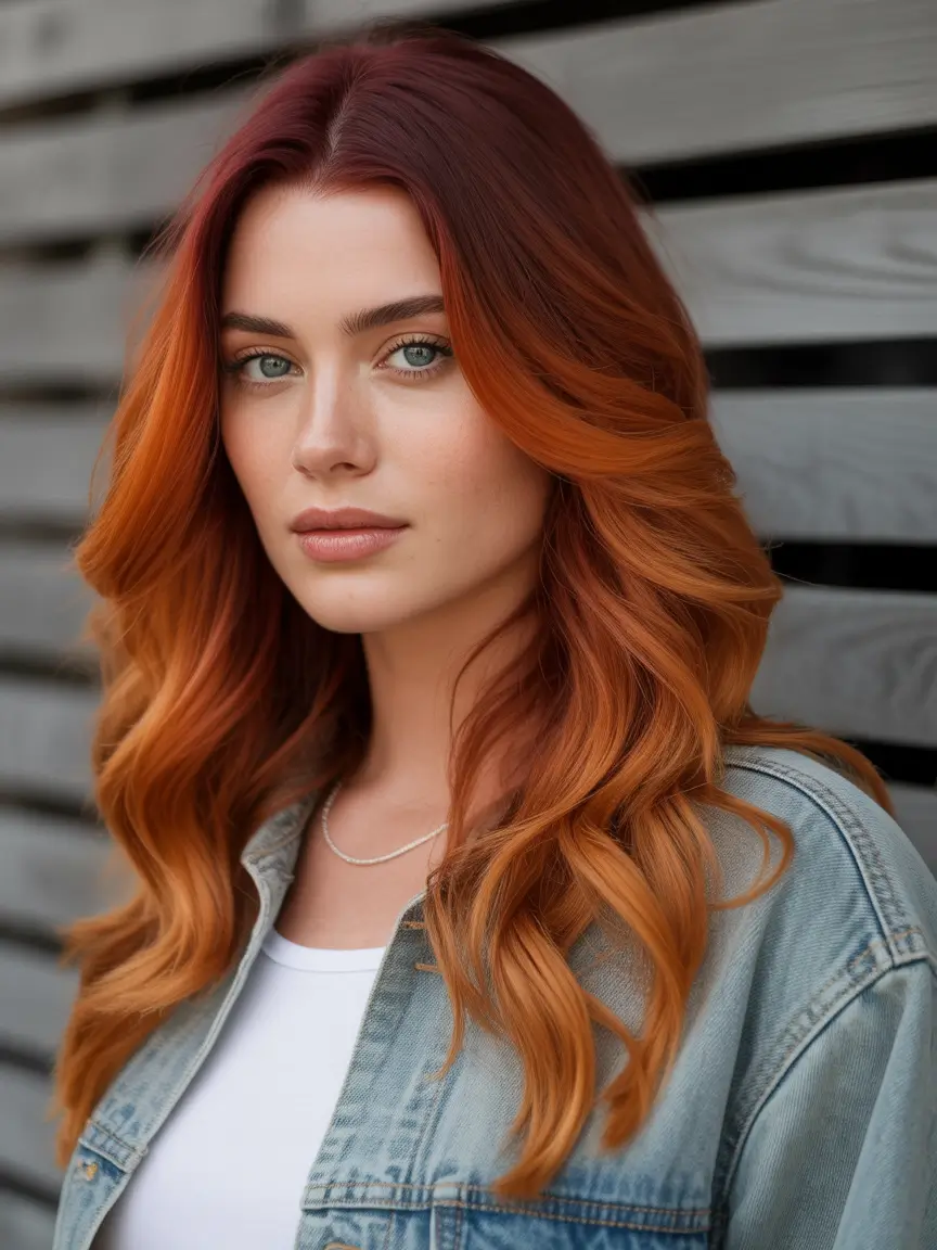 Fall red hair color Cinnamon Fade with Sunset Balayage