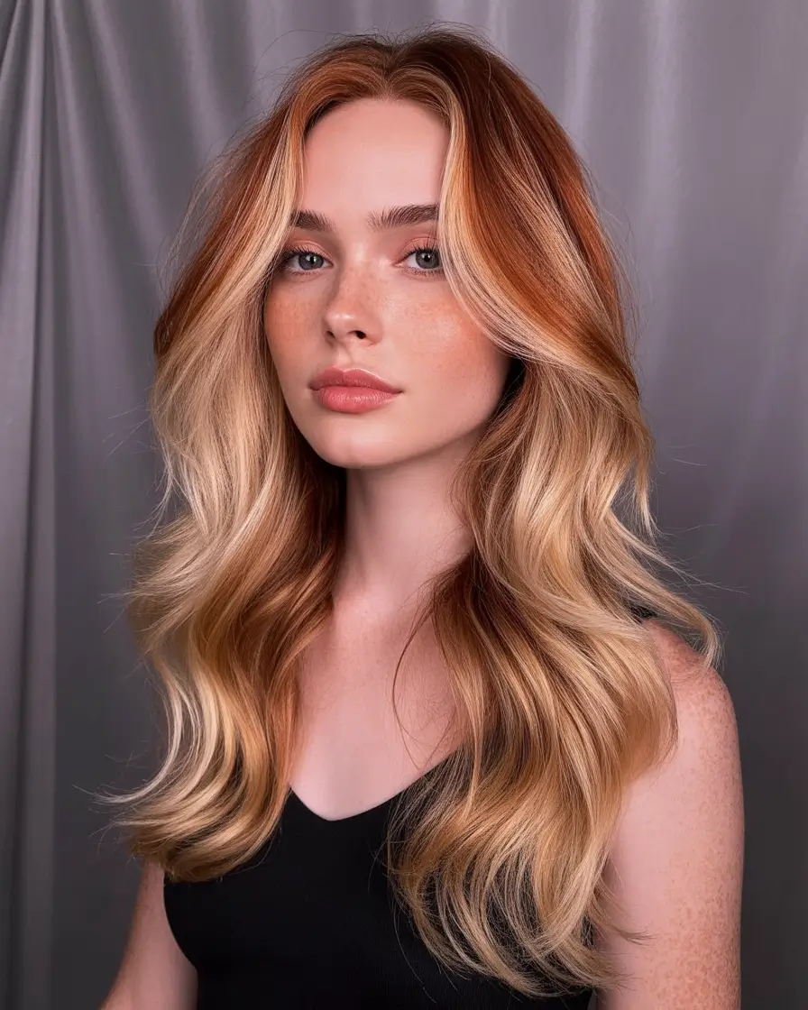 Fall red hair color Maple Glow with Blonde Autumn Highlights