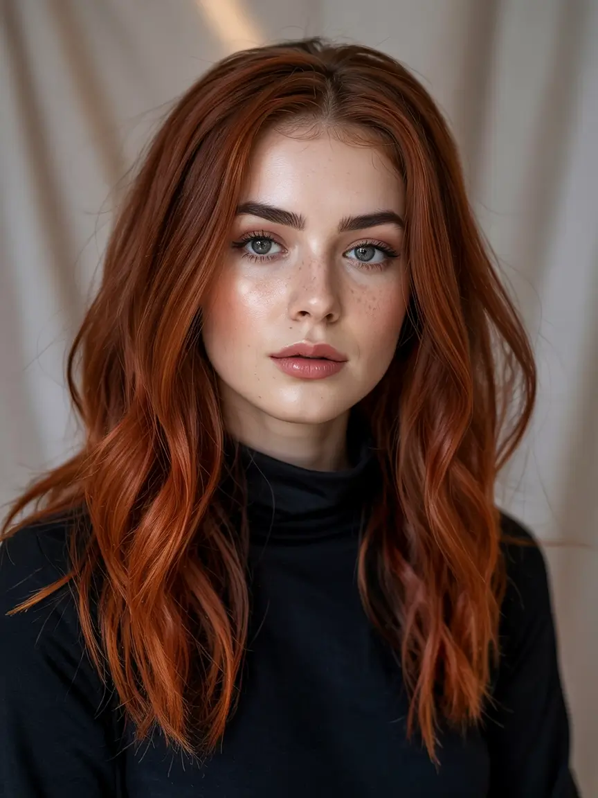Fall red hair color Warm Auburn Waves with Soft Dimension