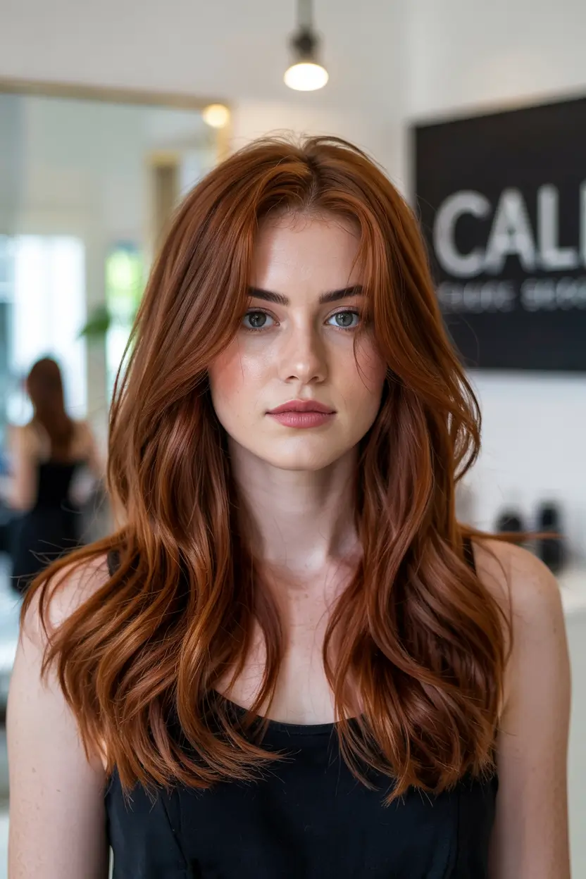 Fall red hair color Golden Auburn with Effortless Layers