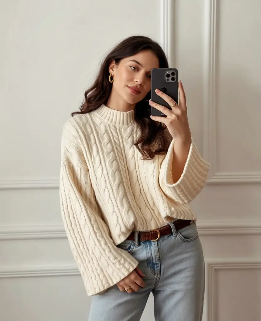new 2025 fall fashion outfits Effortless Cable-Knit Layers and Denim Ease
