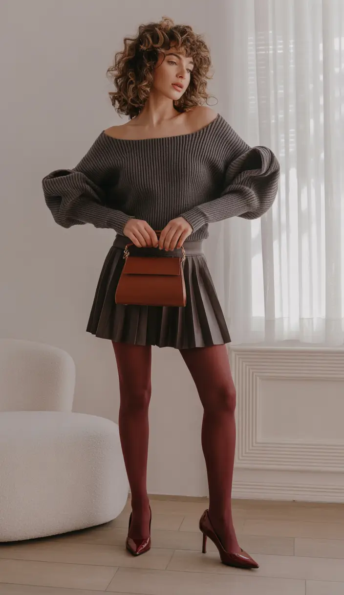 new 2025 fall fashion outfits Wine-Colored Legs & Playful Pleats