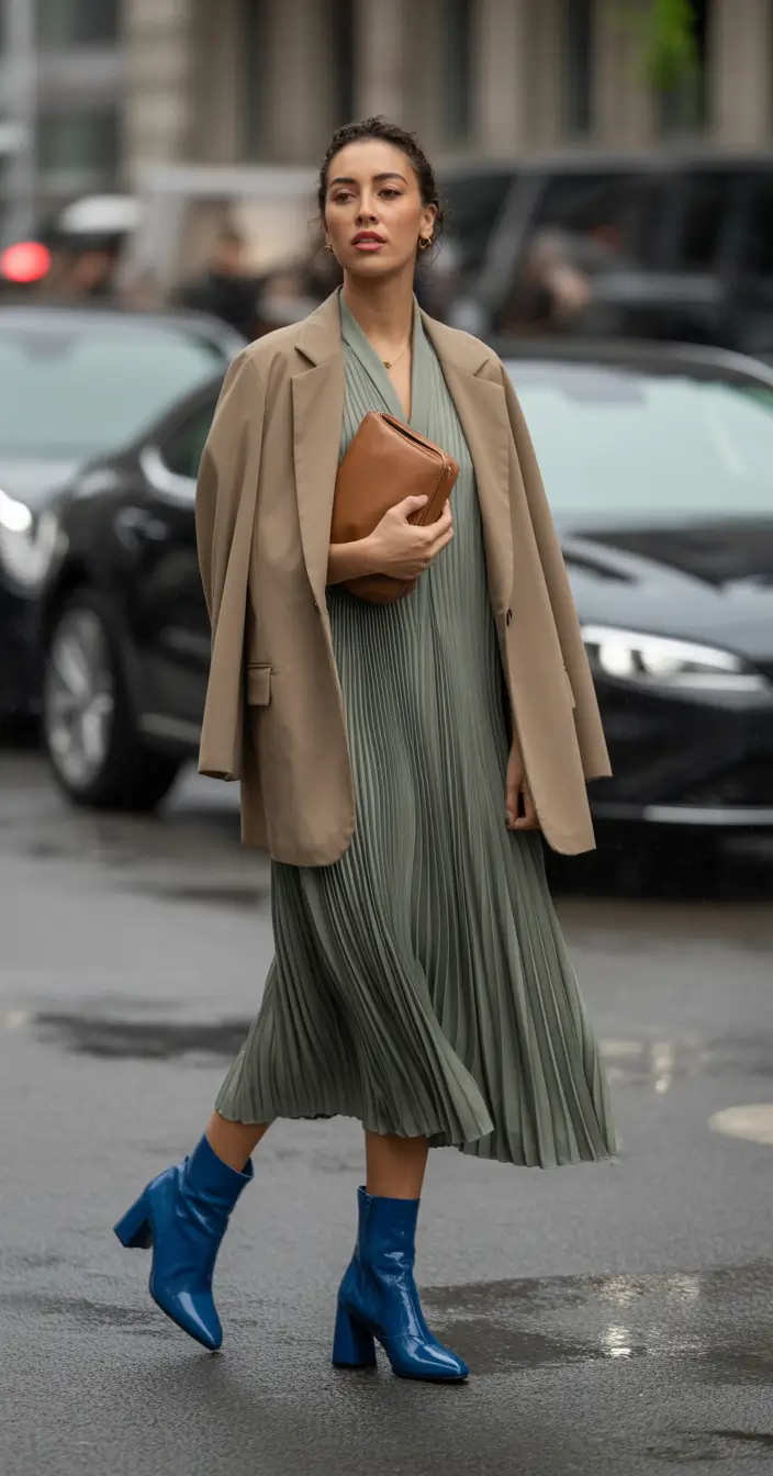 new fall fashion clothes Earth Meets Sky: Neutral Pleats and Blue Boots