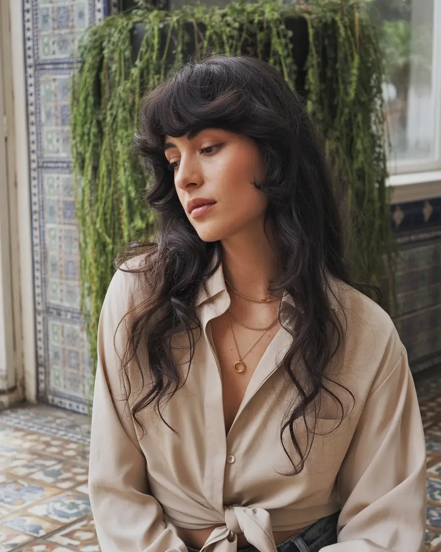 haircuts - September 2025 Layered Raven Shag with Sculpted Bangs