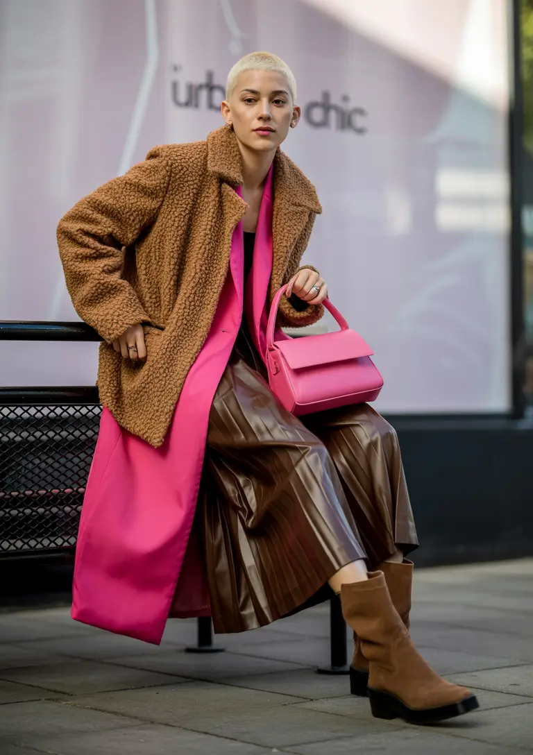 fall style for women Hot Pink Meets Earthy Cool