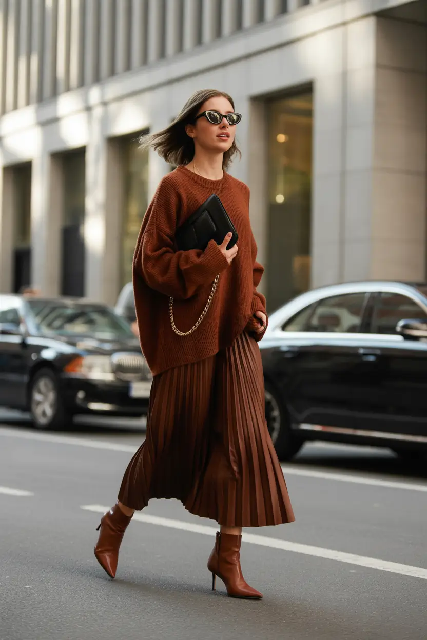 fall style for women Tonal Pleats and Luxe Textures