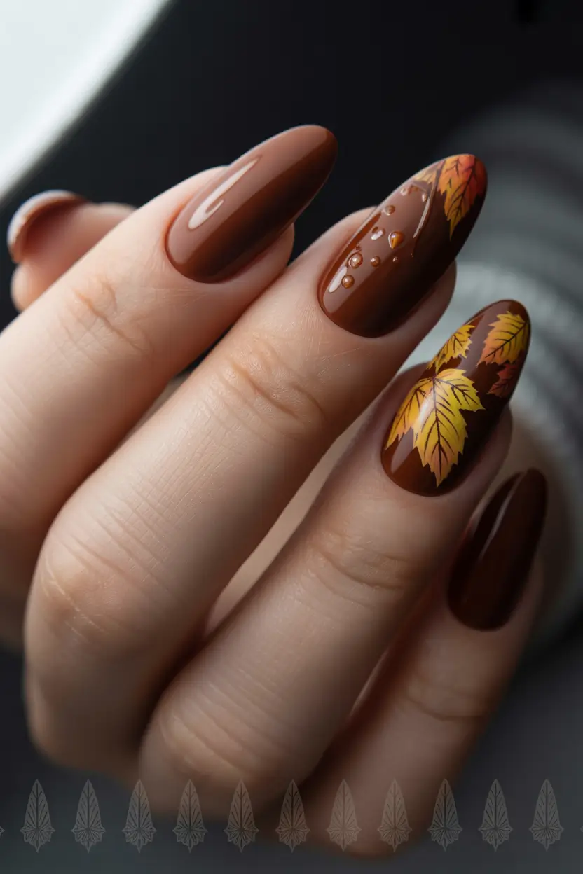 Playful and Adorable Fall Nails 2025+Glossy Chestnut with Autumn Leaf Art