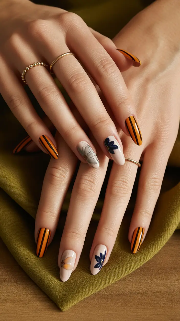 Playful and Adorable Fall Nails 2025+Autumn Garden Meets Graphic Stripes