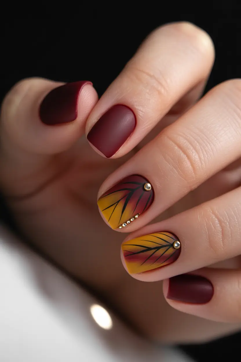 Playful and Adorable Fall Nails 2025+Matte Burgundy with Sunset Leaves