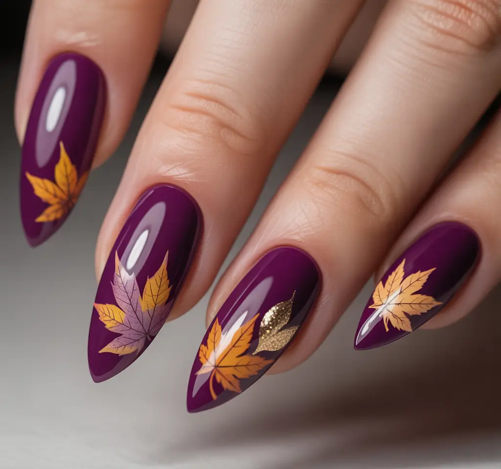 Playful and Adorable Fall Nails 2025+Royal Plum with Floating Leaves
