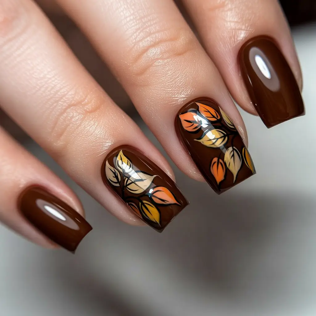 Playful and Adorable Fall Nails 2025 Espresso Glaze with Botanical Detail