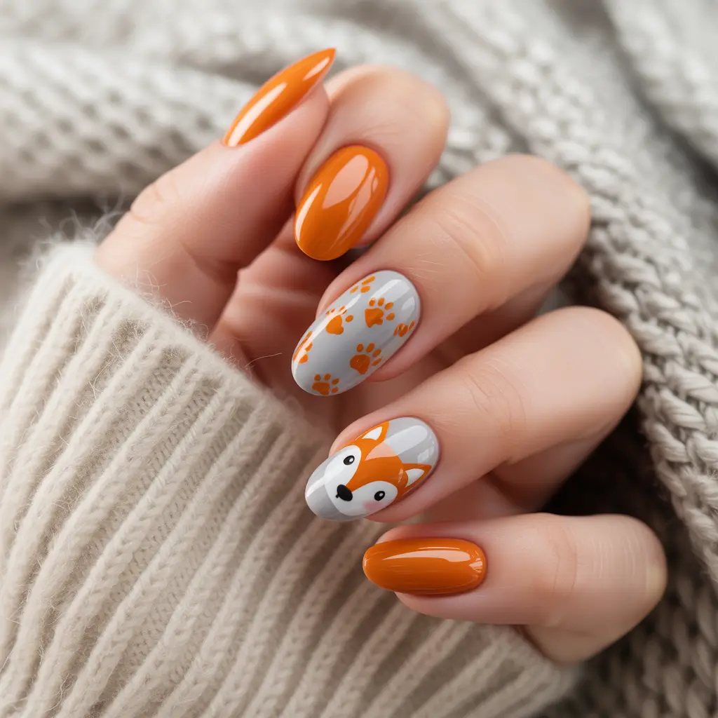 Playful and Adorable Fall Nails 2025 Cozy Fox & Paw Prints