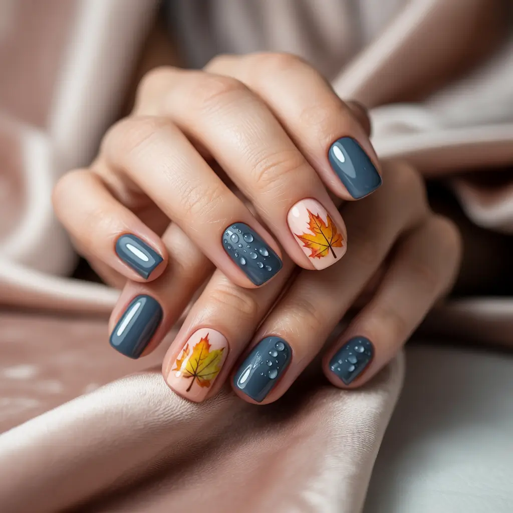 Playful and Adorable Fall Nails 2025+Muted Blue Meets Maple Chic